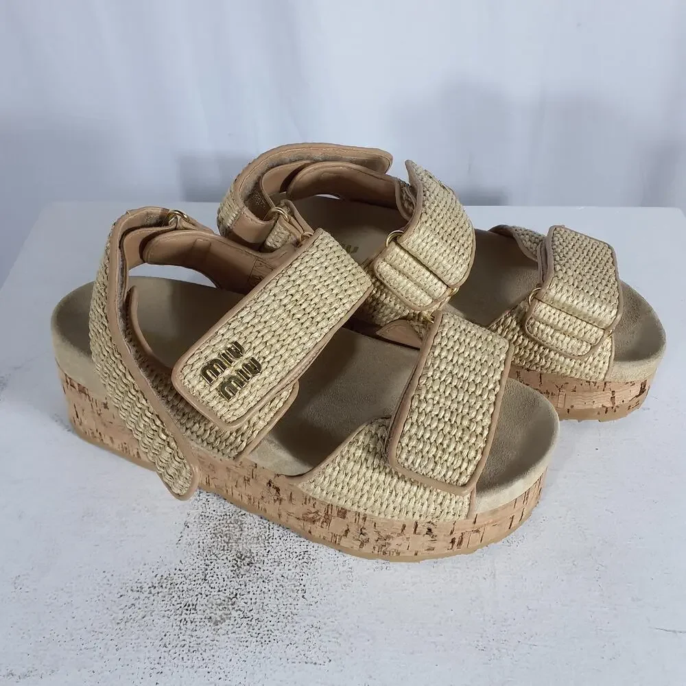 Miu Miu Beige Woven Cork Platform Sandals - Picture 3 of 8